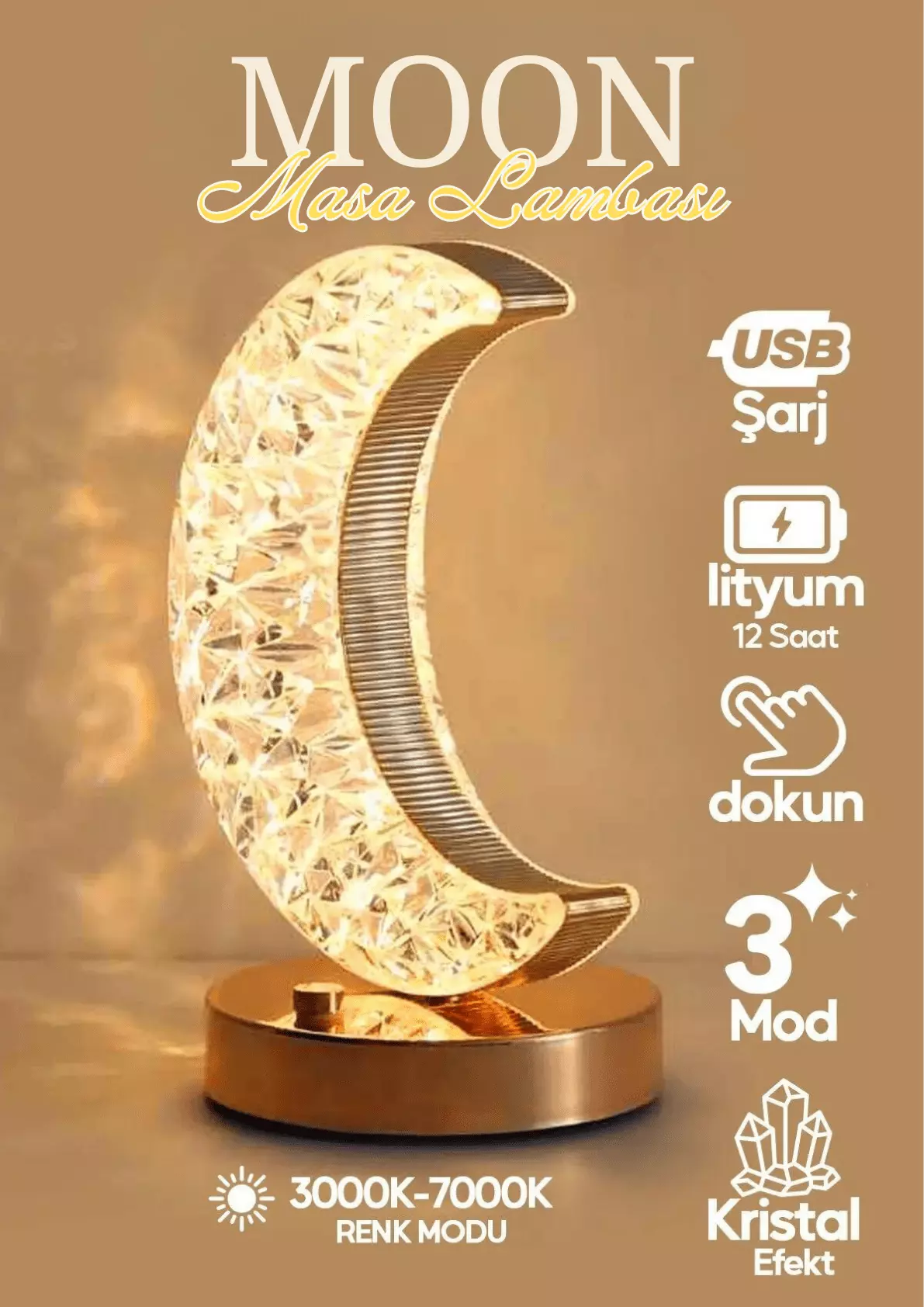Dekoratif Ay Işığı Hilal Masa Lambası Crystal Moon USB Şarjlı 3 Modlu Ambiyans Led Gece Lambası