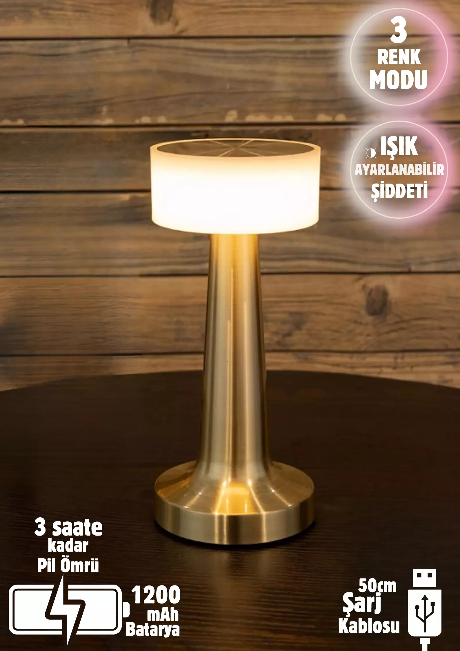 Dekoratif Şarjlı Dokunmatik Led Masa Lambası Usb Kablolu Gece Lambası ve Abajur Altın