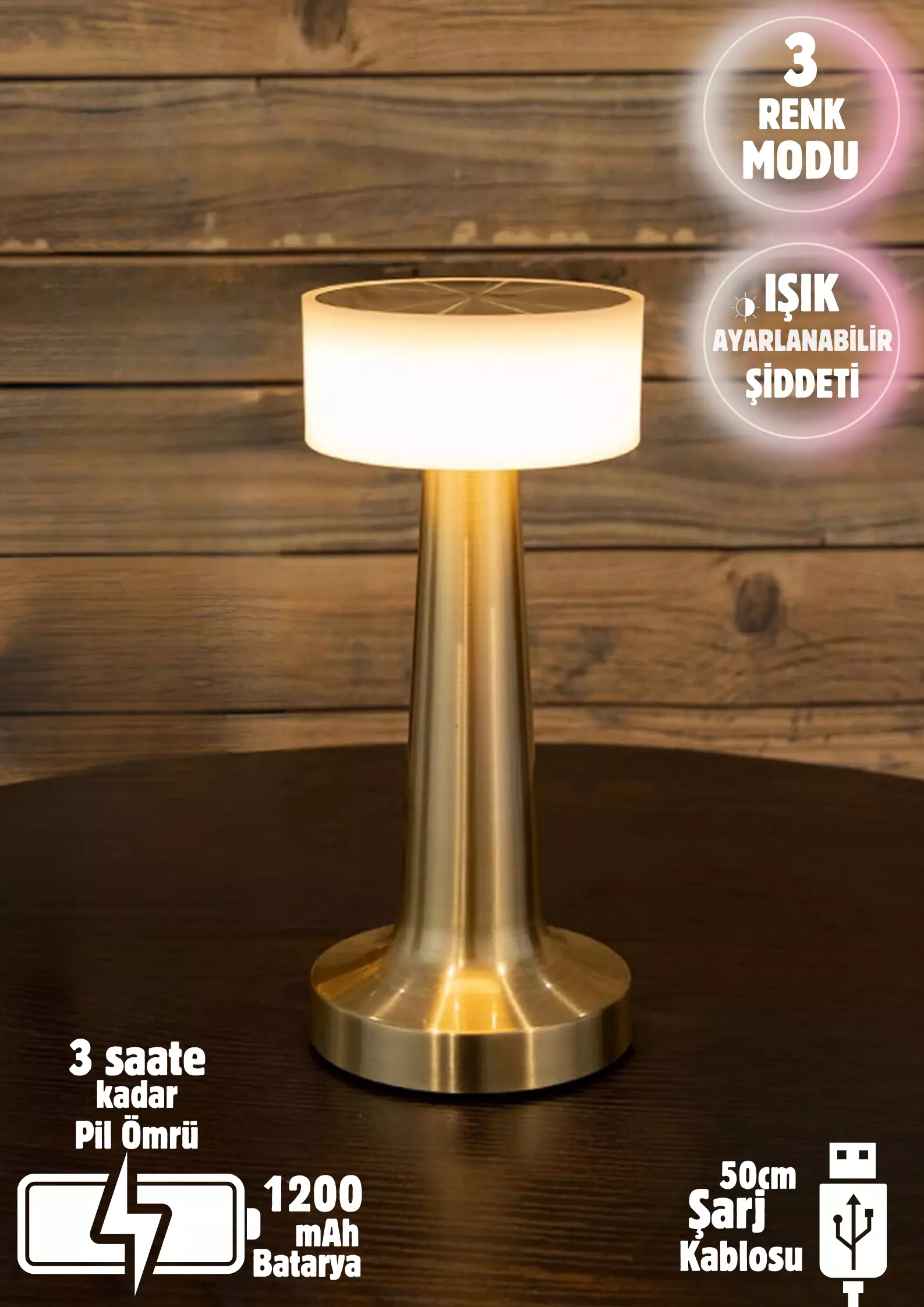 Dekoratif Şarjlı Dokunmatik Led Masa Lambası Usb Kablolu Gece Lambası ve Abajur Altın