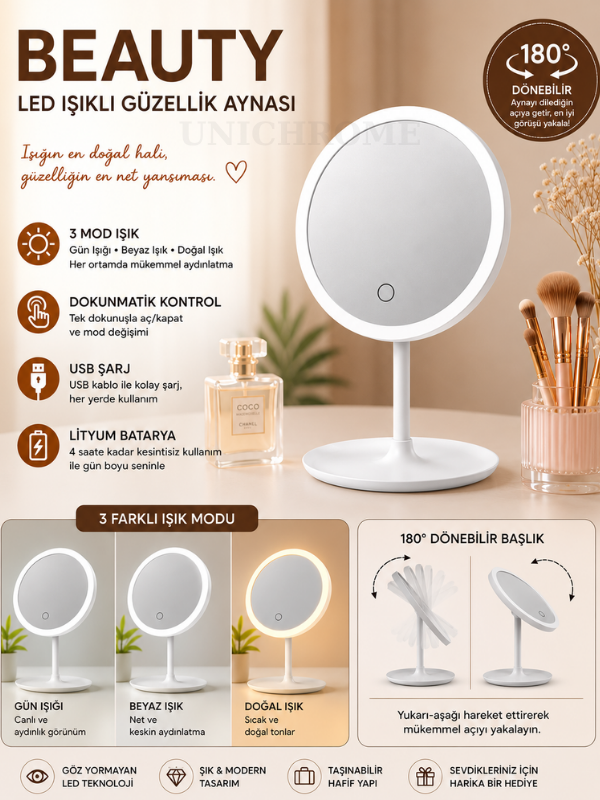 Dokunmatik Led Işıklı Usb Li Yuvarlak Masa Üstü Makyaj Aynası Makyaj Aynası Ledli