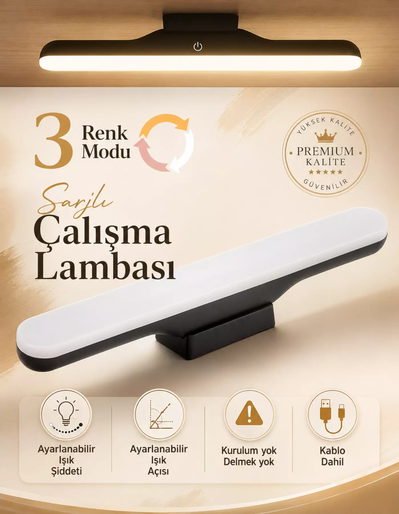 Dokunmatik Şarjlı Led Işık Usb Şarjlı Kablosuz Mıknatıslı Led Lamba Siyah Kasa 3 Farklı Işık Rengi