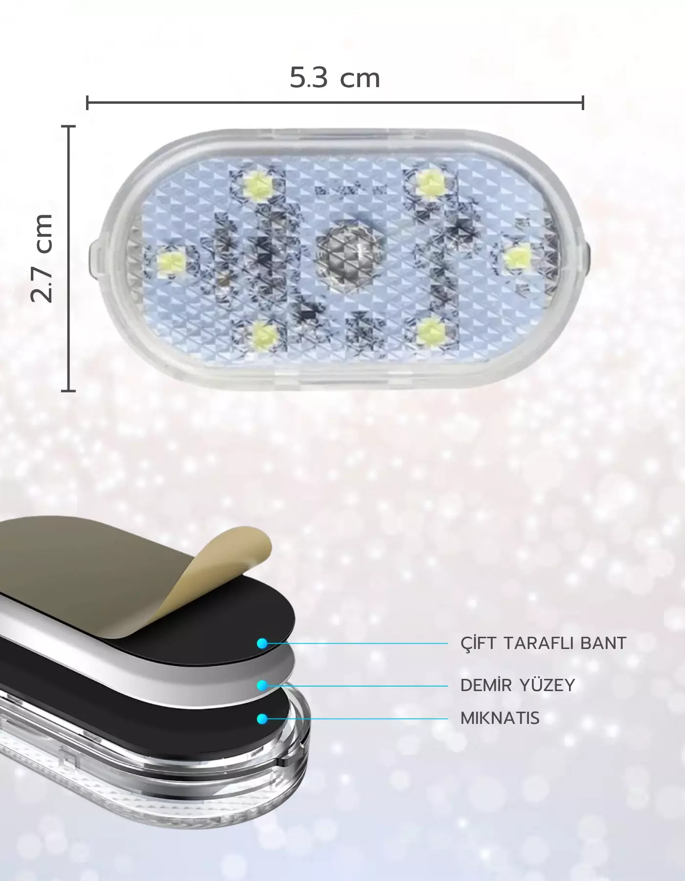 Dokunmatik Sensörlü Mini 6 Led Lamba USB Şarj Edilebilir Mıknatıslı Torpido Lambası Beyaz Renk