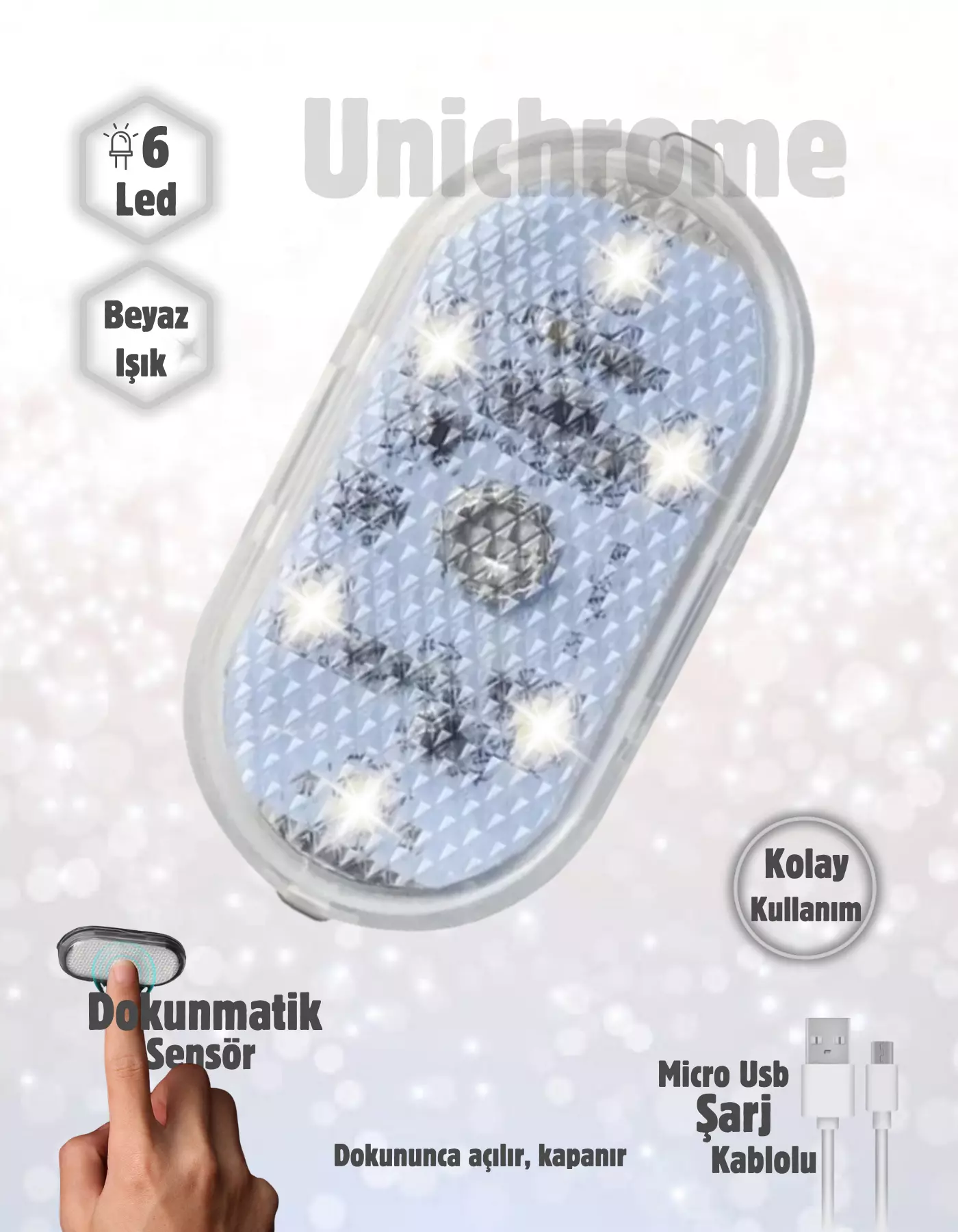 Dokunmatik Sensörlü Mini 6 Led Lamba USB Şarj Edilebilir Mıknatıslı Torpido Lambası Beyaz Renk