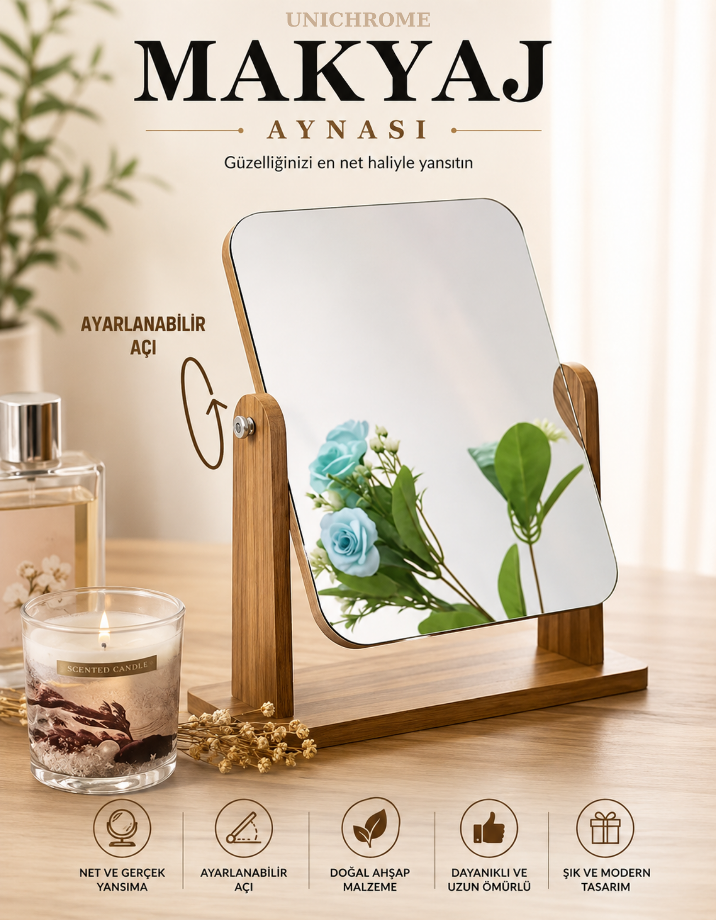 El Aynası Masa Aynası Makyaj Aynası Ayarlanabilir Kare Makeup Mirror 22cm