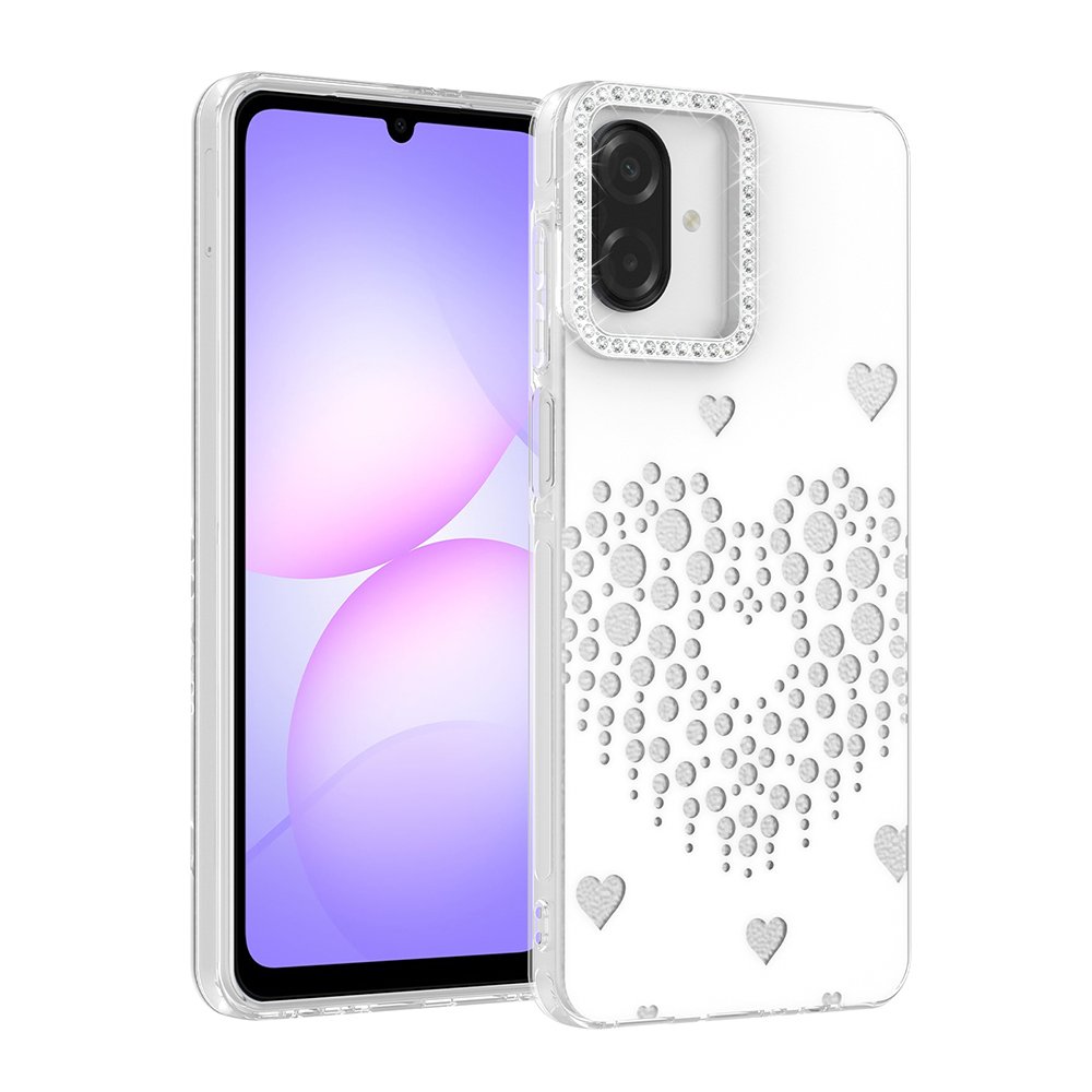 Galaxy A07 Kılıf Damla Taşlı Kalp Desenli Rivas Sert PC Kapak