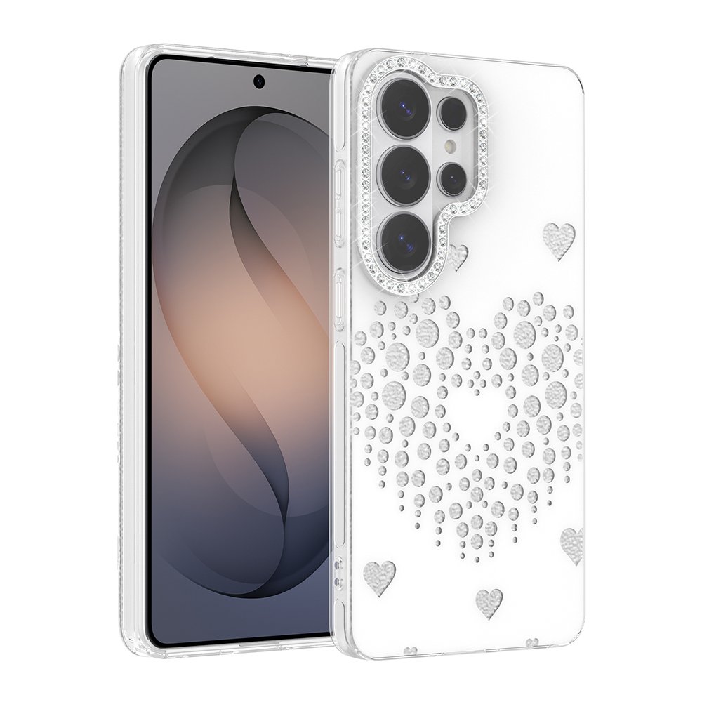 Galaxy S26 Ultra Kılıf Damla Taşlı Kalp Desenli Rivas Sert PC Kapak