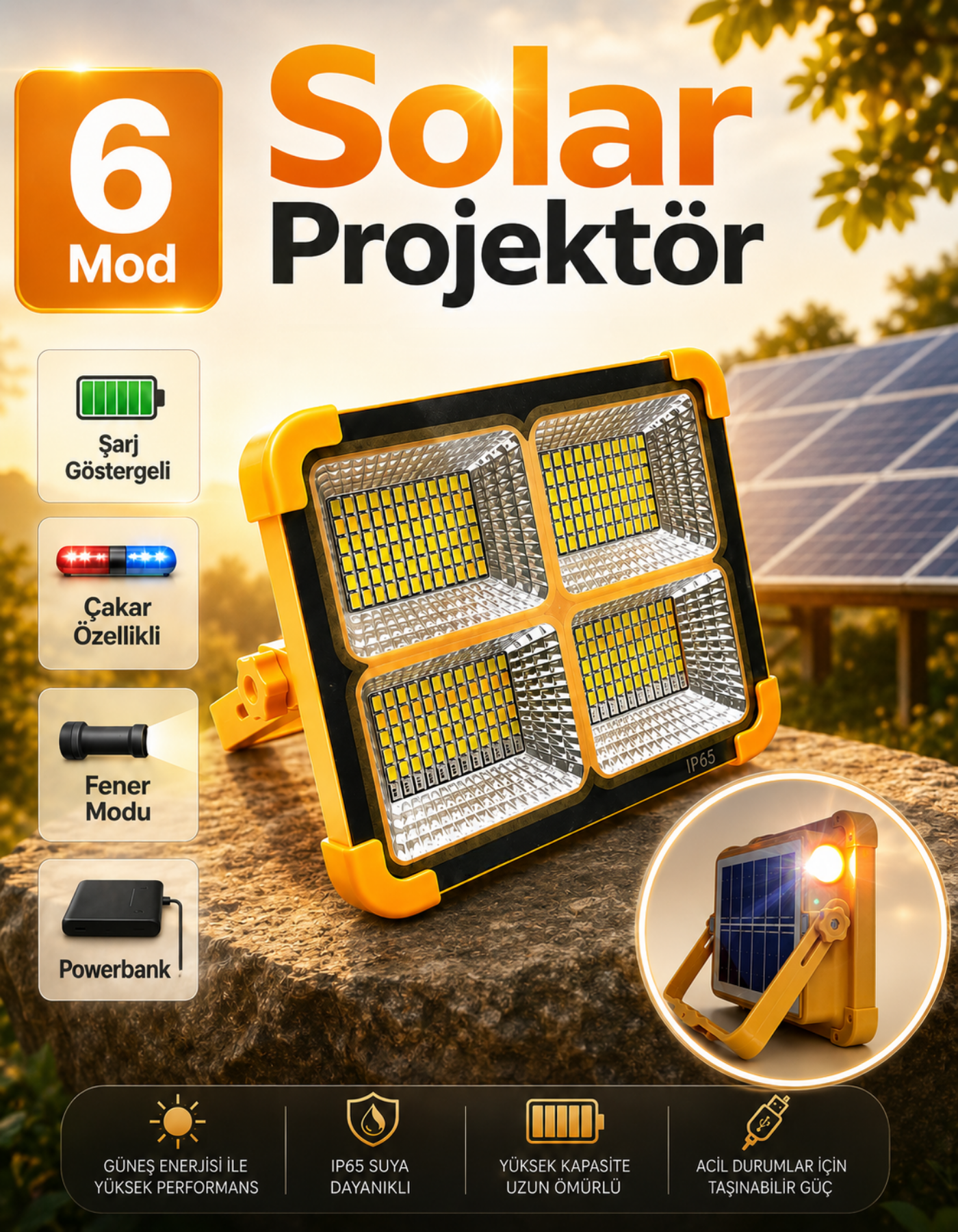 Güneş Enerjili Solar Led Projektör Taşınabilir Sarı Beyaz Ve Çakar Işık Lamba El Fenerli