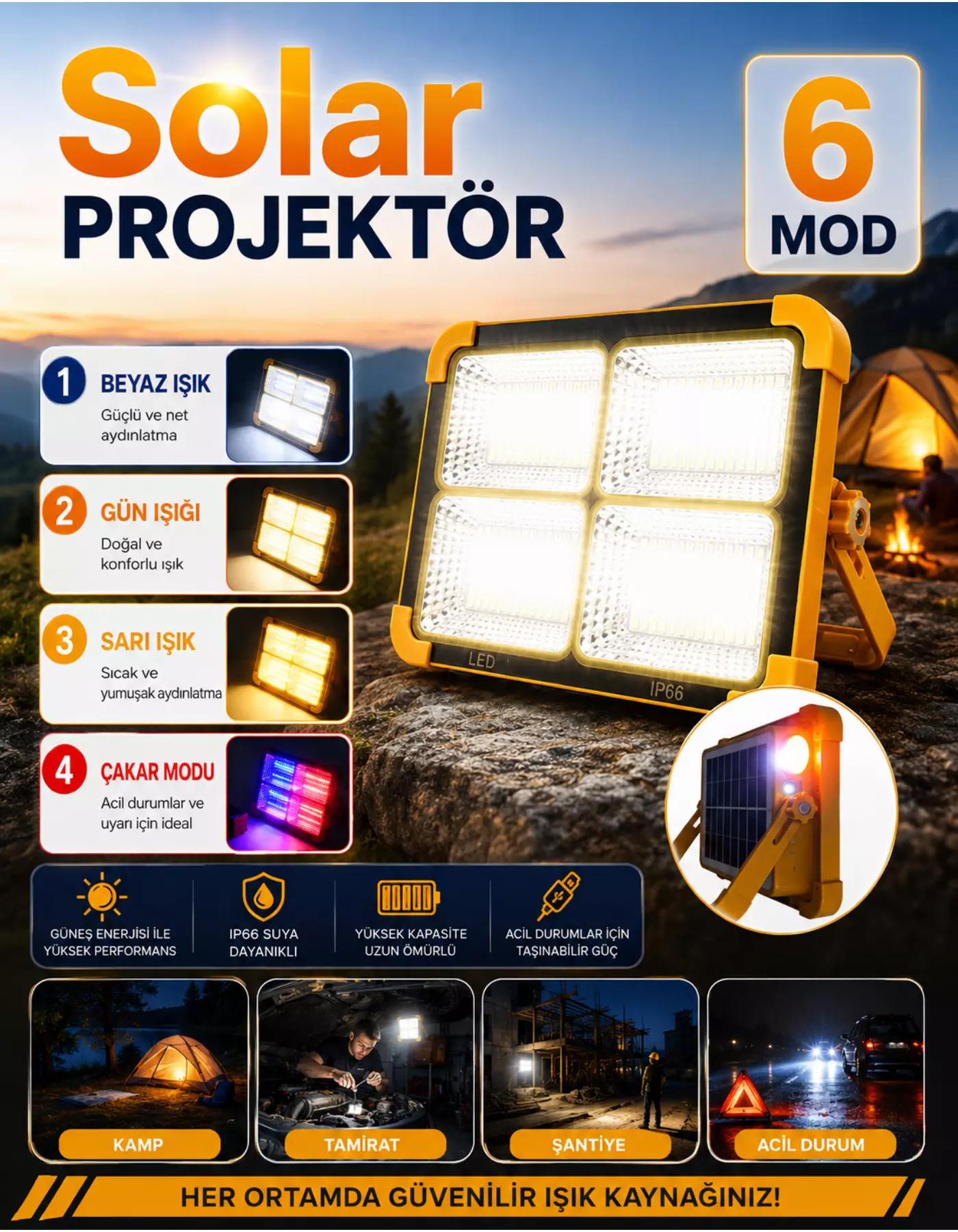 Güneş Enerjili Solar Led Projektör Taşınabilir Sarı Beyaz Ve Çakar Işık Lamba El Fenerli