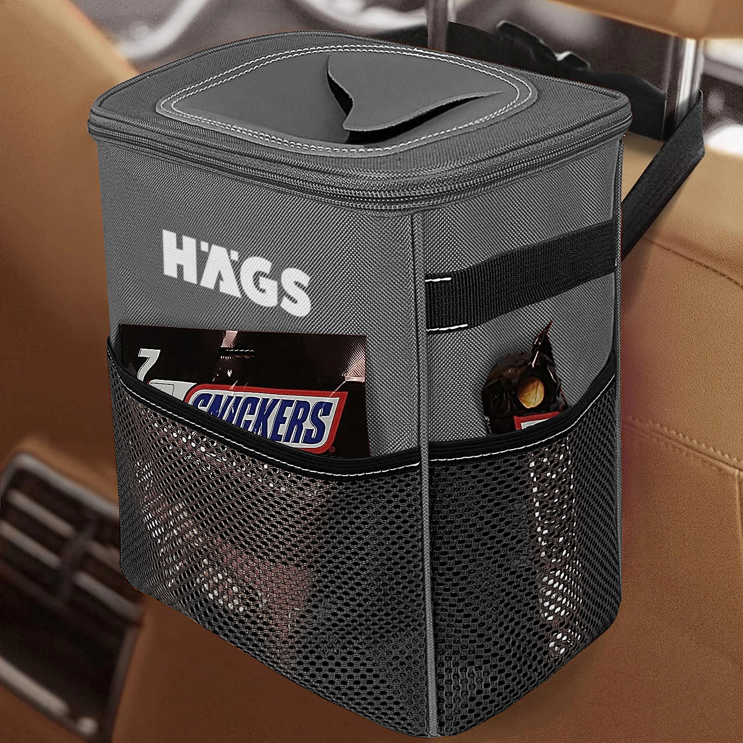 HAEGS Araç içi Çöp Çantası, Araba Çöp Kovası -Araç Çöp Kutusu Kapaklı ve Saklama Cepli %100 Sızdırmaz Organizer Çanta, Su Geçirmez Oto Çöp Kovası, Çok Amaçlı Araç içi Düzenleyici Çanta, 8 Lt - Gri