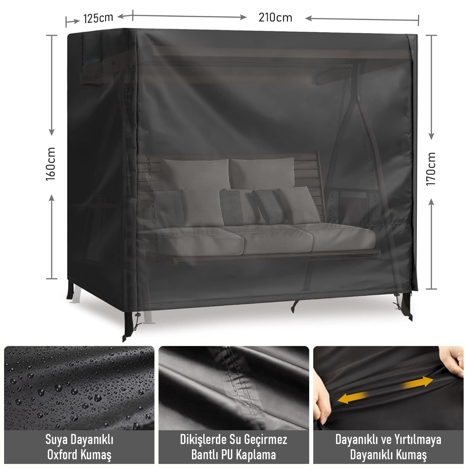 HAEGS Bahçe Salıncak Koruma Örtüsü Üç Kişilik Tenteli Hamak Bahçe Salıncağı Koruma Kılıfı Su Geçirmez Branda Dayanıklı 210x125x170cm Siyah