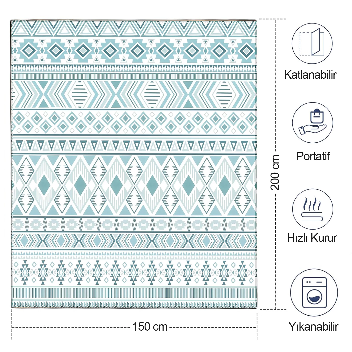 Haegs Piknik Örtüsü, Çanta Kamp Matı, Plaj Matı, Piknik Yer Örtüsü, Seyahat, Kamp, Outdoor, Park Çim Kum Tutmaz, Su Geçirmez, Kullanışlı Çanta Model, Katlanabilir 200x150cm - Etnik Boho