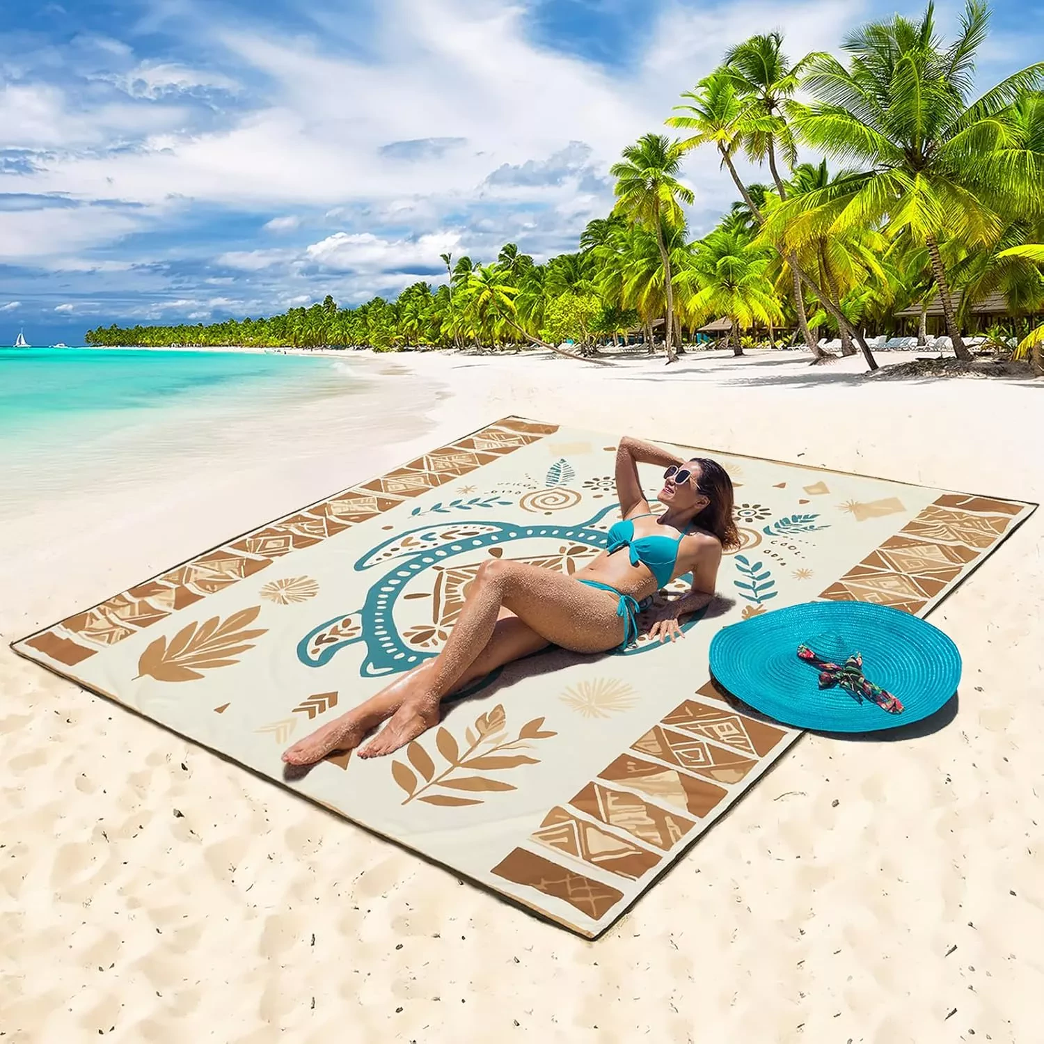 Haegs Piknik Örtüsü, Çanta Kamp Matı, Plaj Matı, Piknik Yer Örtüsü, Seyahat, Kamp, Outdoor, Park Çim Kum Tutmaz, Su Geçirmez, Kullanışlı Çanta Model, Katlanabilir 200x150cm - Etnik Kaplumbağa Bej