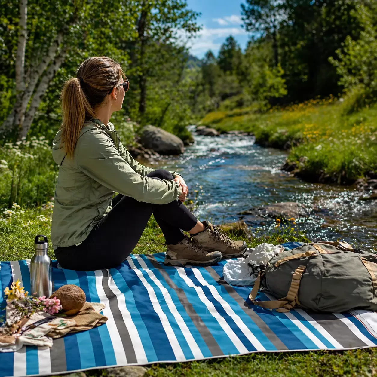 Haegs Piknik Örtüsü, Çanta Kamp Matı, Plaj Matı, Piknik Yer Örtüsü, Seyahat, Kamp, Outdoor, Park Çim Kum Tutmaz, Su Geçirmez, Kullanışlı Çanta Model, Katlanabilir 200x150cm - Mavi-Gri Çizgiler