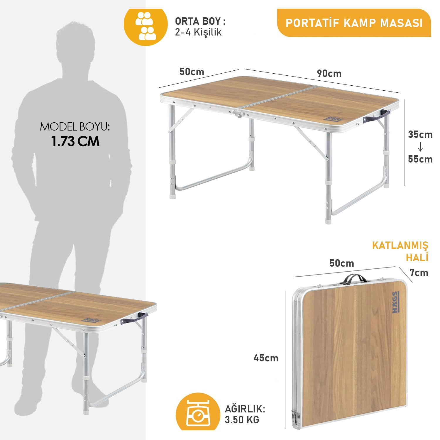 Haegs Portatif Kamp Masası, 2 Yükseklik Ayarlı, Katlanır Piknik Masası, Kolay Taşınabilir Alüminyum Masa - 90x50 - Hareli Ceviz