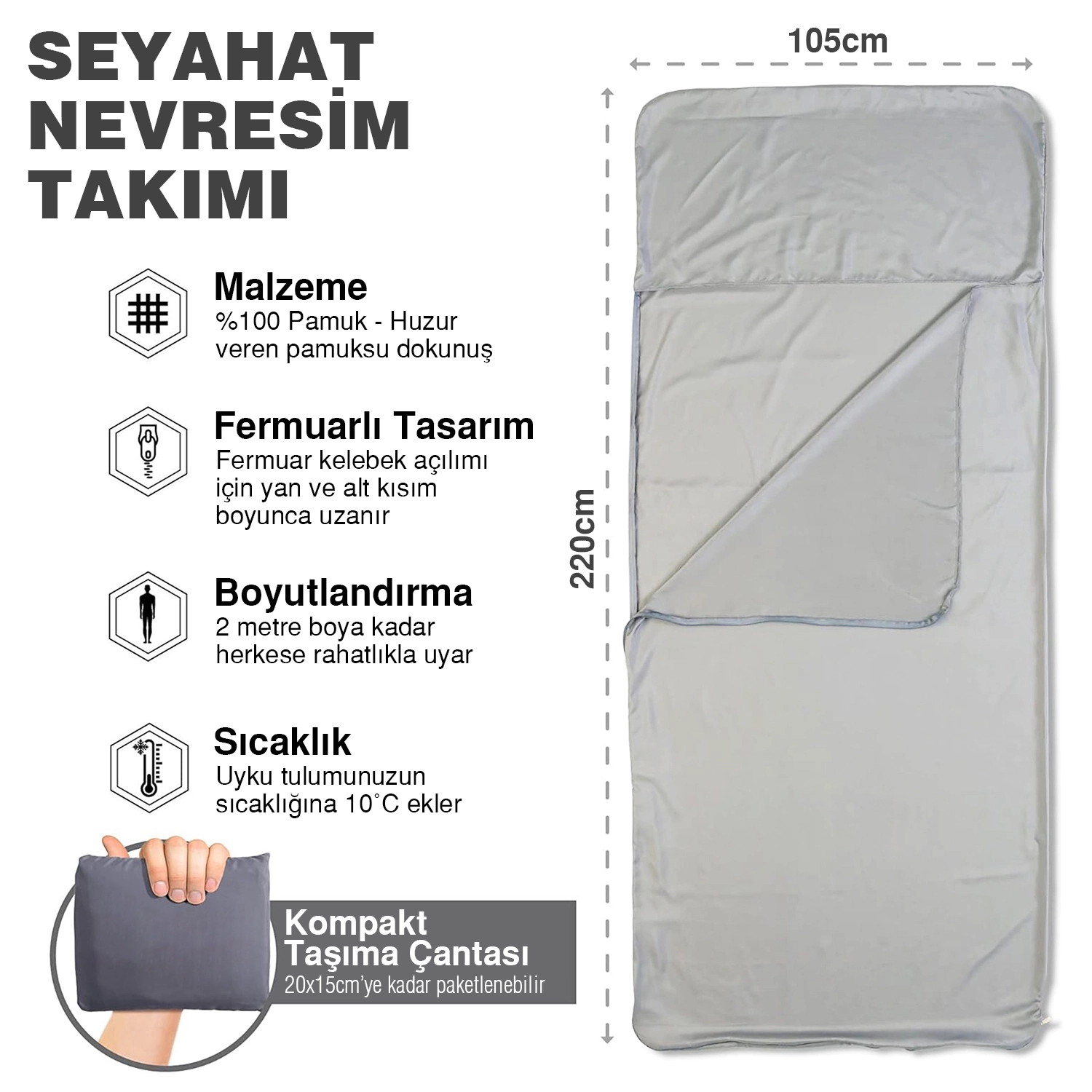 Haegs Seyahat Uyku Nevresimi, %100 Pamuk, Hafif Kompakt Taşınabilir Seyahat tipi Nevresim Takımı, Otel için Temiz Çarşaf, Kamp Uyku Tulumu Astarı, Kamp Çadır Çarşafı 220 x 105cm Gri