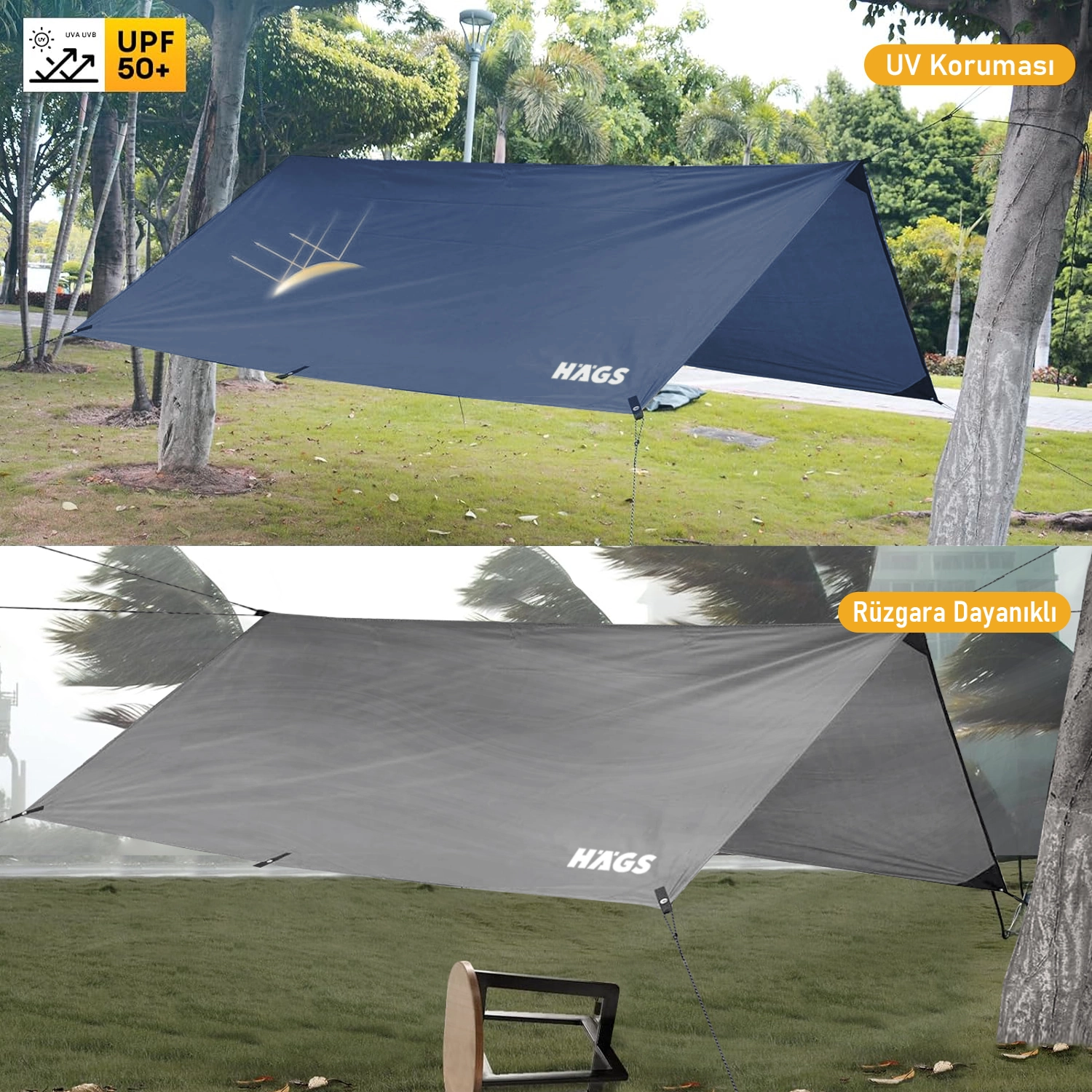 Haegs Su Geçirmez Tarp Tente Gölgelik Örtü, 4 Mevsim Taşınabilir Örtü Branda Çok İşlevli Outdoor Açık Hava Kamp Seyahat Tente Branda Barınak Yağmurluk, Güneşlik Karavan Yan Gölgelik Çadır 300x400 cm - Koyu Mavi