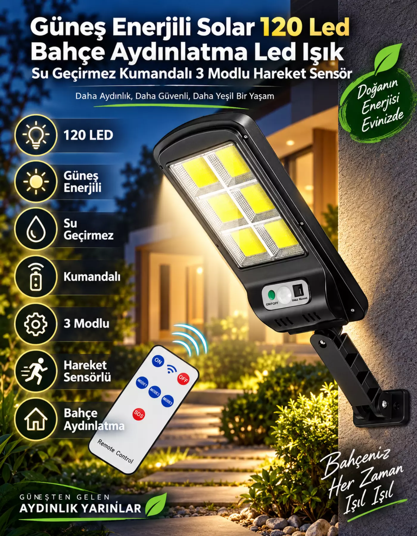 Hareket Sensörlü 120 LED Solar Bahçe Lambası 3 Modlu Dış Mekan Aydınlatma