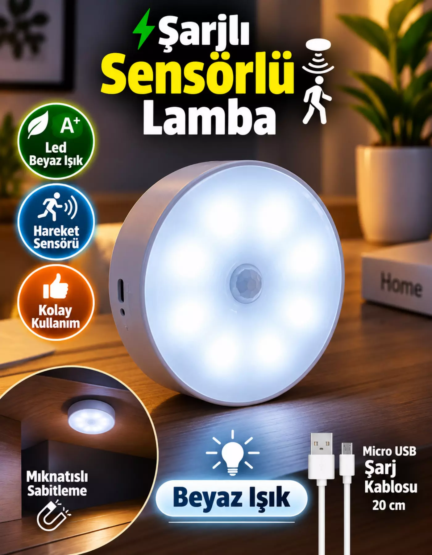 Hareket Sensörlü USB Şarjlı Mıknatıslı LED Işık Dolap İçi Ev Gece Lambası