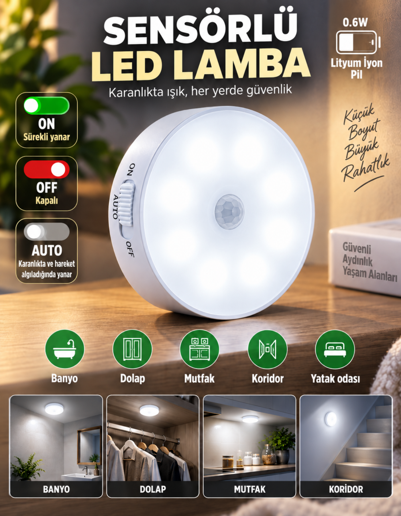 Hareket Sensörlü USB Şarjlı Mıknatıslı LED Işık Dolap İçi Ev Gece Lambası