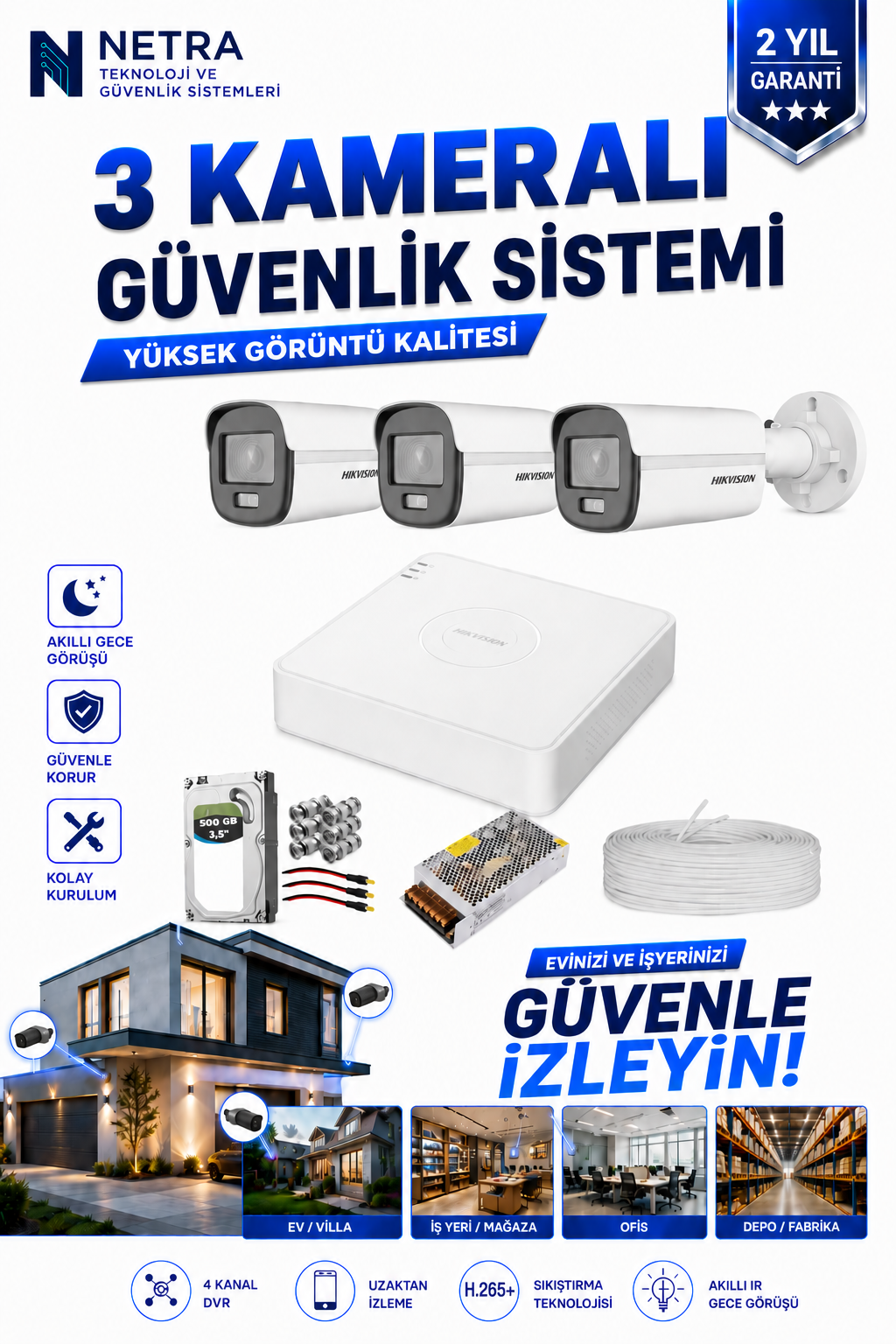 Hikvision 3 Kameralı AHD Gece Renkli 4 Kanal 500GB HDD