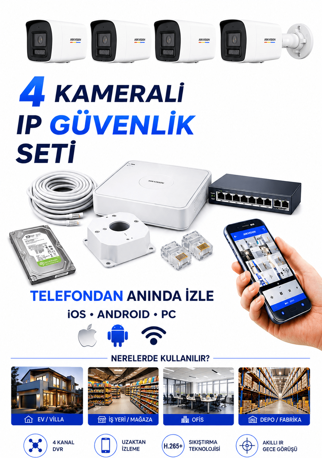 Hikvision 4 Kameralı (DS-2CD1027G2H-LIUF) 2MP Ip Dahili Mikrofonlu Kamera Seti