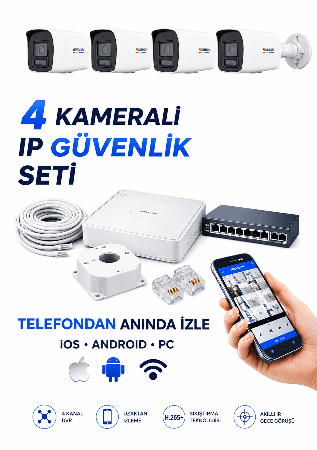 Hikvision 4 Kameralı (DS-2CD1027G2H-LIUF) 2MP Ip Dahili Mikrofonlu Kamera Seti