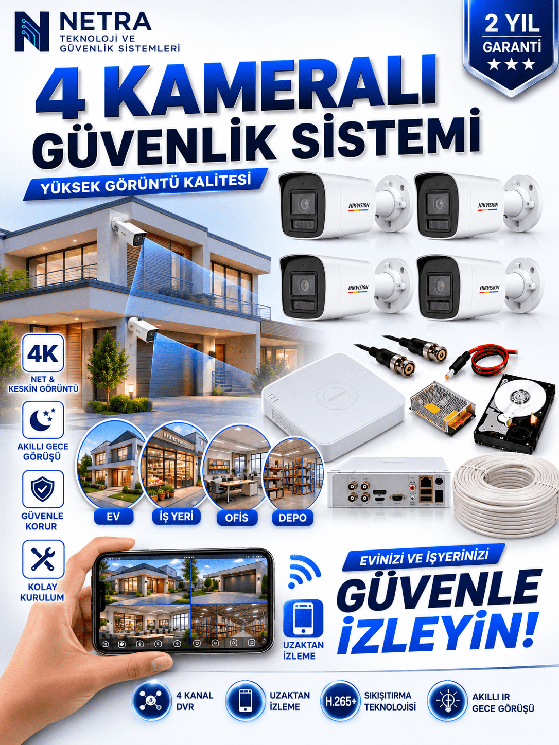 Hikvision 4 Kamerali Gece Renkli 4 Kanal AHD Kamera Seti