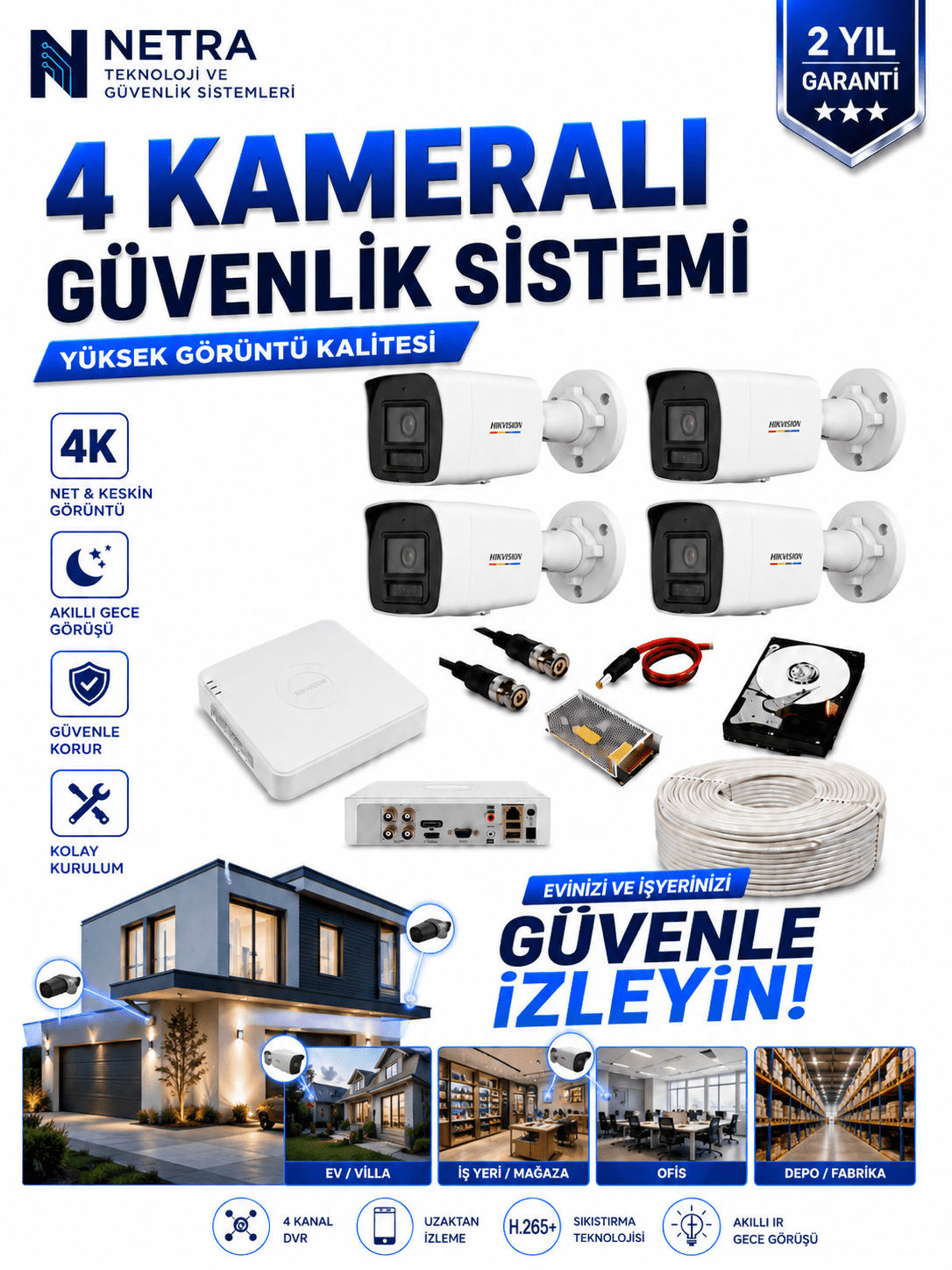 Hikvision 4 Kamerali Gece Renkli 4 Kanal AHD Kamera Seti