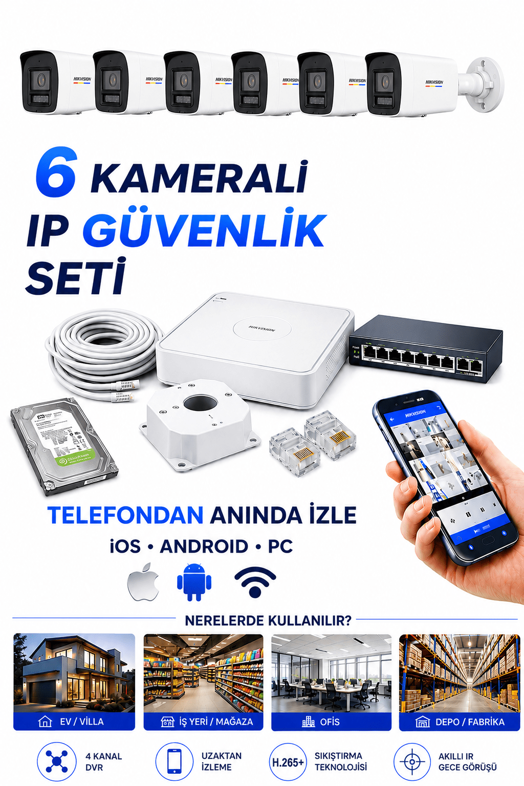 Hikvision 6 Kameralı 2mp Ip Kamera Seti 1080P 7/24 Renkli Mikrofonlu Set 2TB HDD