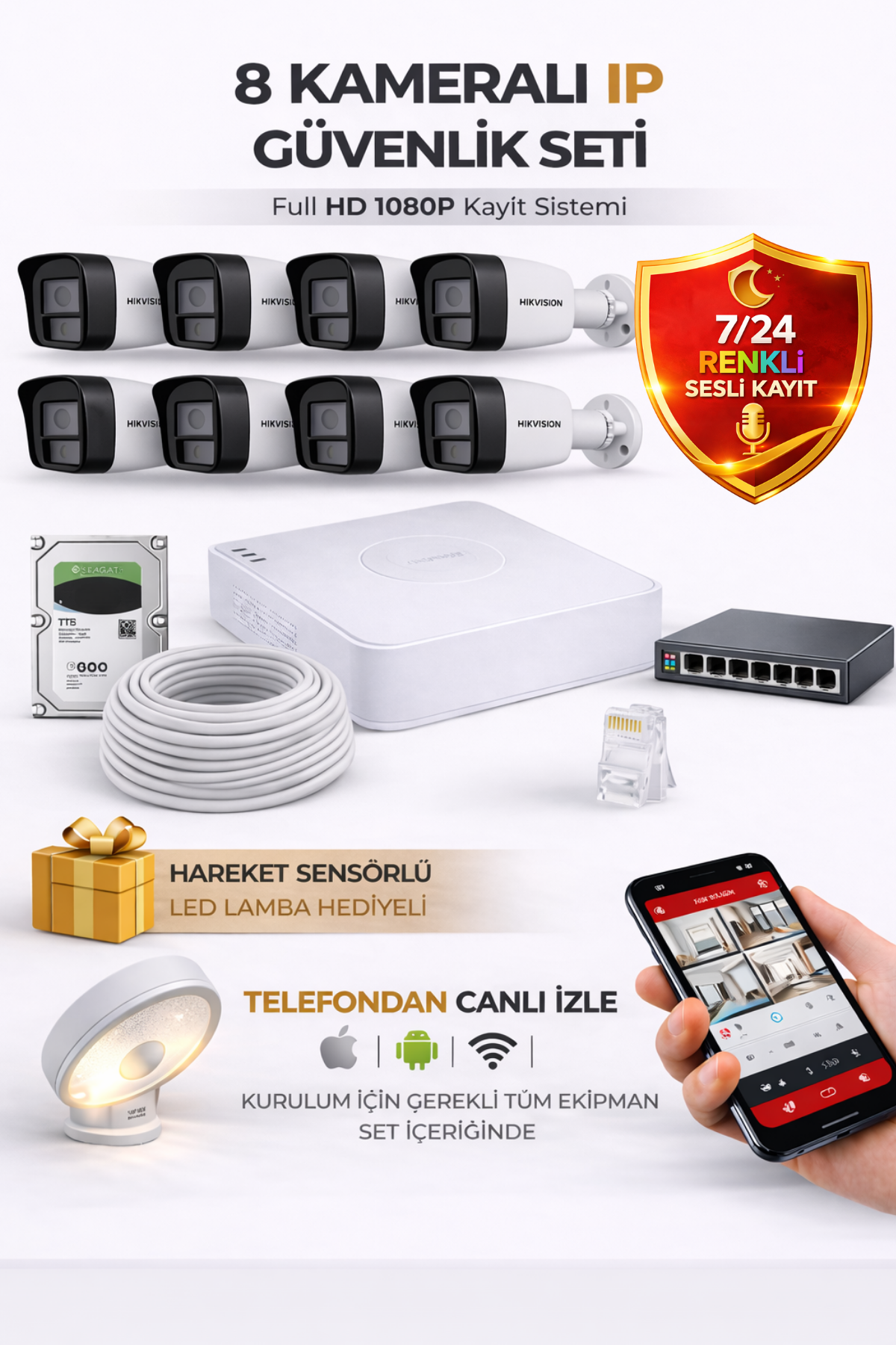 Hikvision 8 Kameralı 2mp Ip Kamera Seti 1080P 7/24 Renkli Mikrofonlu Set