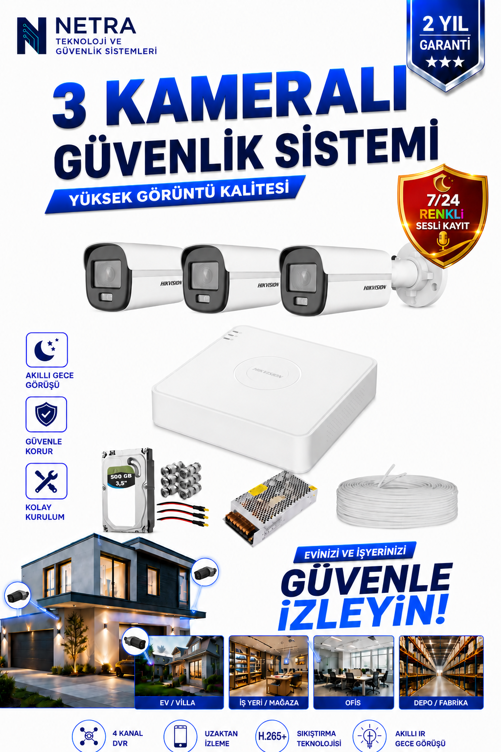 Hikvision Colorvu Gece-Karanlıkta 7/24 Renkli 3 Kameralı AHD Set 500GB HDD