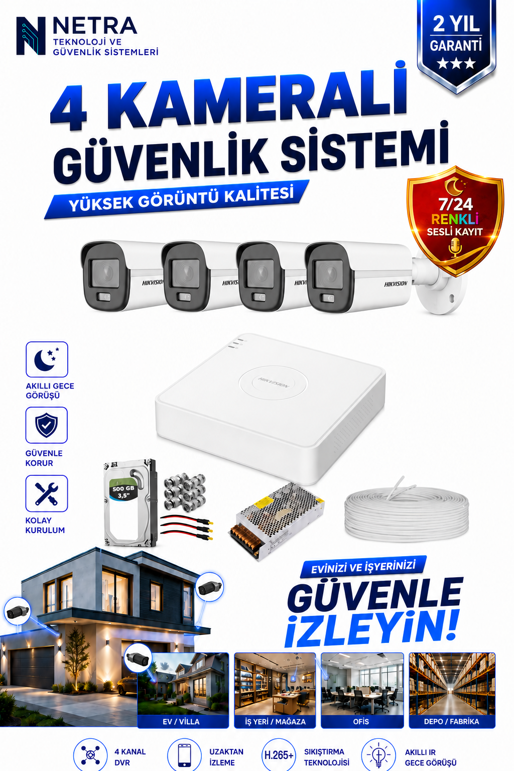 Hikvision Colorvu Gece-Karanlıkta 7/24 Renkli 4 Kameralı AHD Set 500GB HDD
