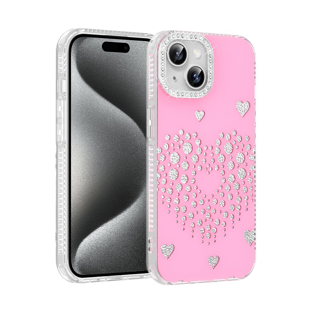 iPhone 14 Kılıf Damla Taşlı Kalp Desenli Rivas Sert PC Kapak
