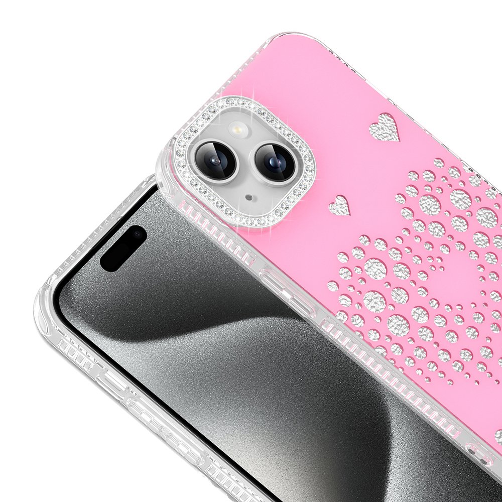 iPhone 14 Kılıf Damla Taşlı Kalp Desenli Rivas Sert PC Kapak