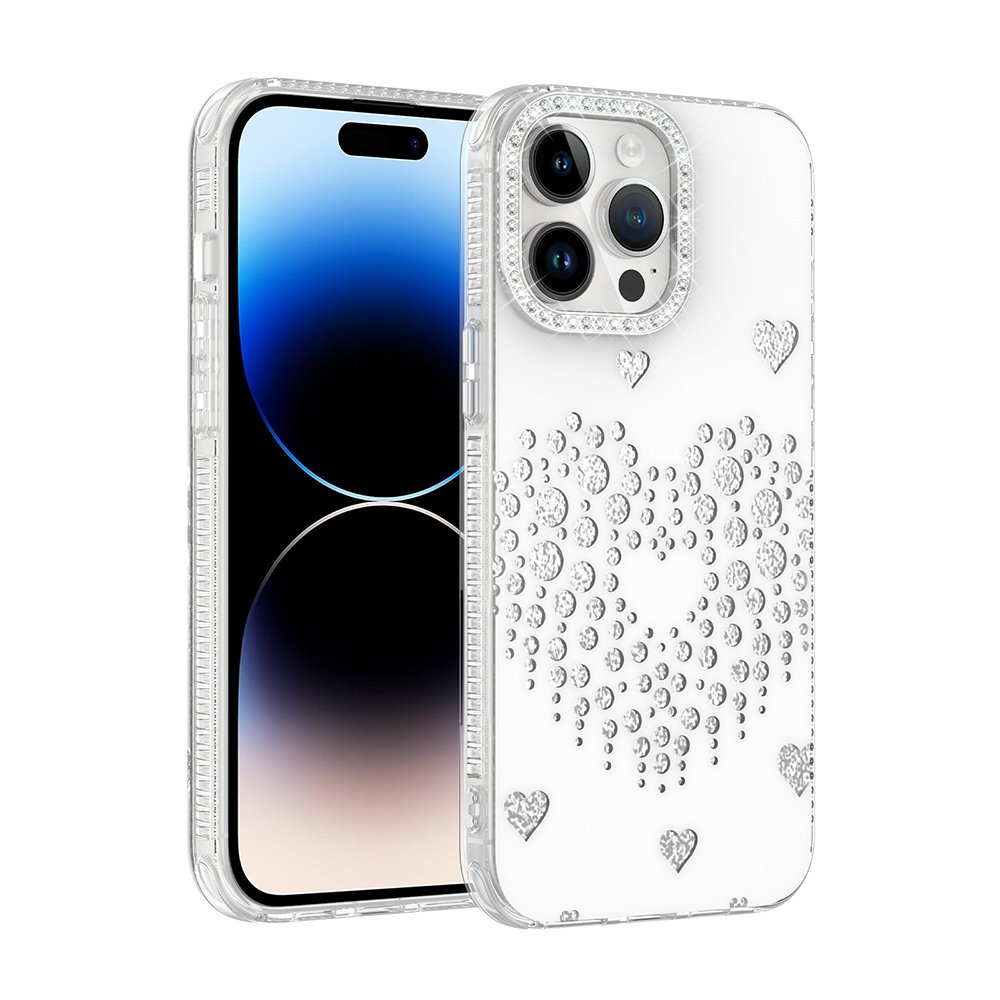 iPhone 14 Pro Max Kılıf Damla Taşlı Kalp Desenli Rivas Sert PC Kapak