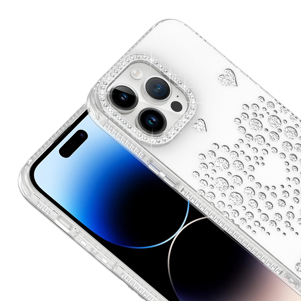iPhone 14 Pro Max Kılıf Damla Taşlı Kalp Desenli Rivas Sert PC Kapak