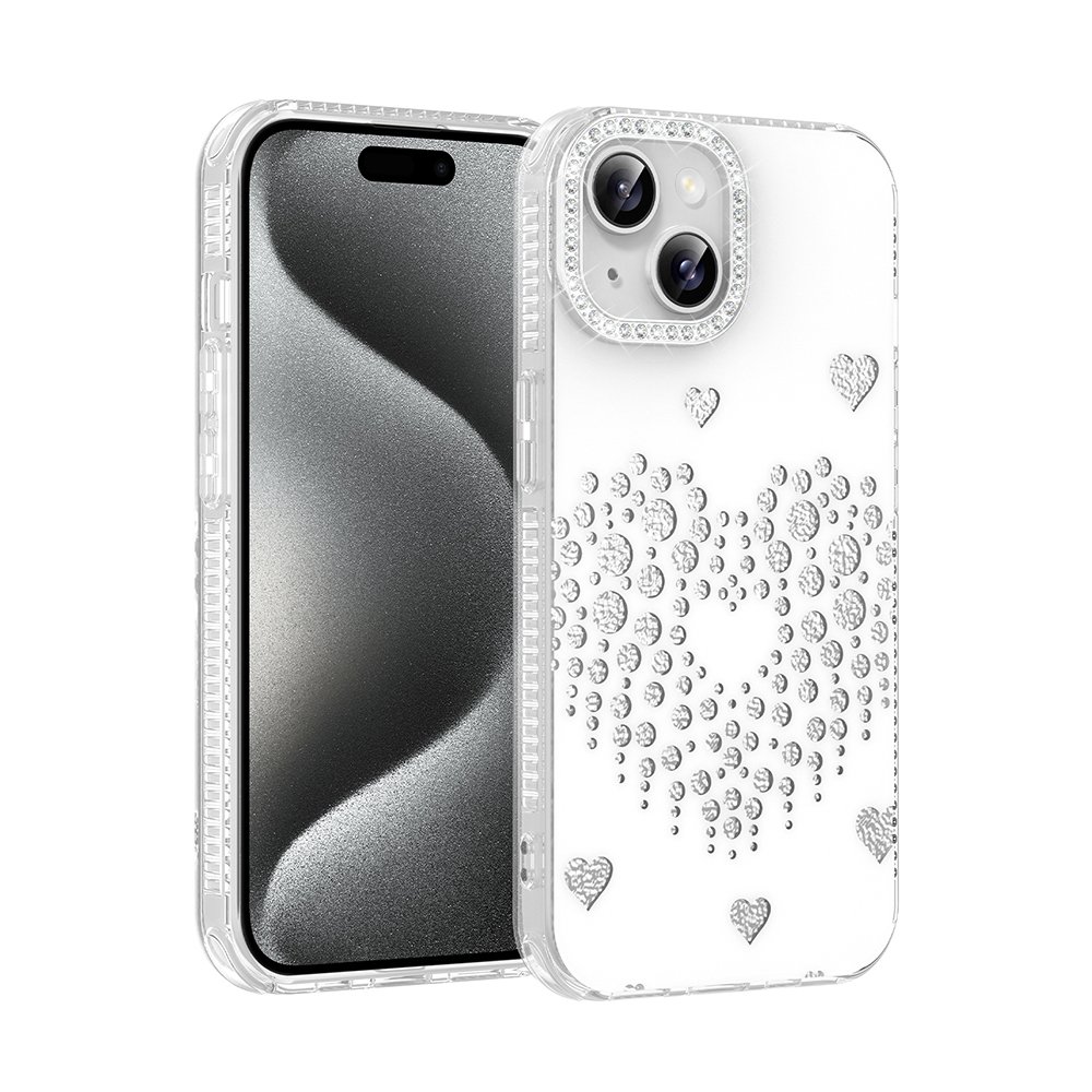 iPhone 15 Kılıf Damla Taşlı Kalp Desenli Rivas Sert PC Kapak