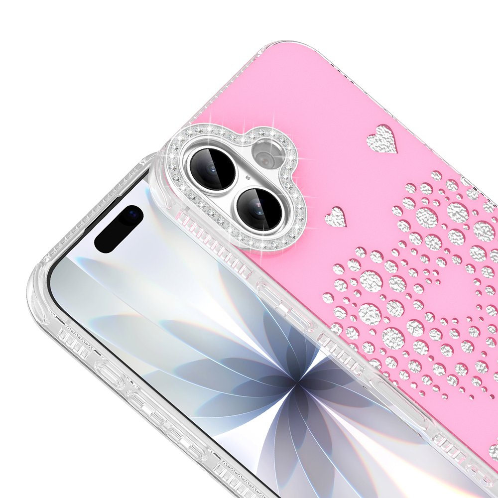 iPhone 16 Kılıf Damla Taşlı Kalp Desenli Rivas Sert PC Kapak