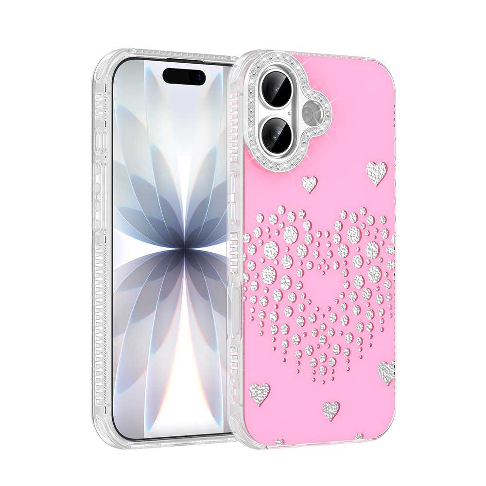 iPhone 16 Kılıf Damla Taşlı Kalp Desenli Rivas Sert PC Kapak