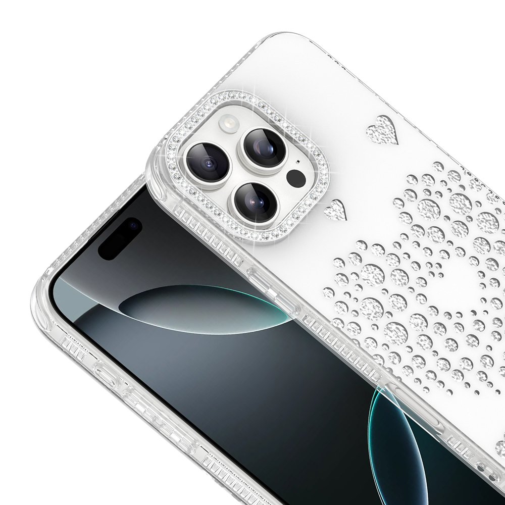 iPhone 16 Pro Kılıf Damla Taşlı Kalp Desenli Rivas Sert PC Kapak