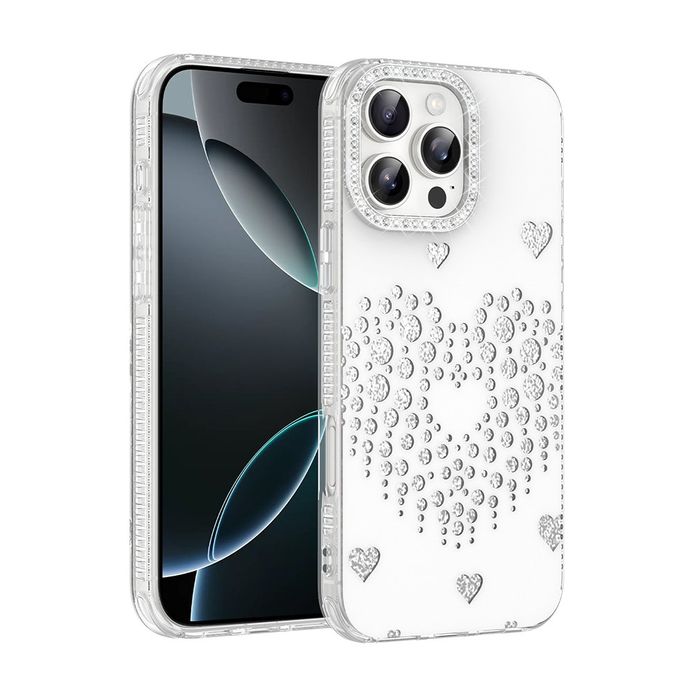 iPhone 16 Pro Kılıf Damla Taşlı Kalp Desenli Rivas Sert PC Kapak