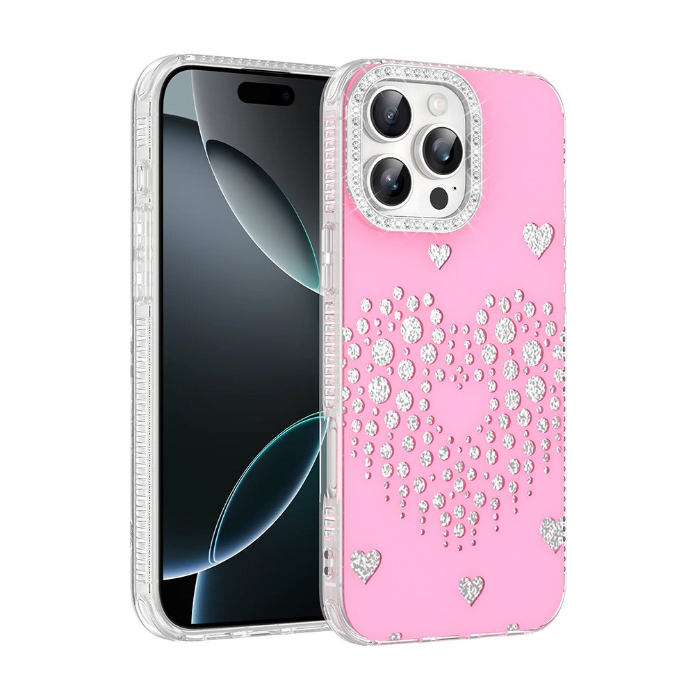 iPhone 16 Pro Max Kılıf Damla Taşlı Kalp Desenli Rivas Sert PC Kapak