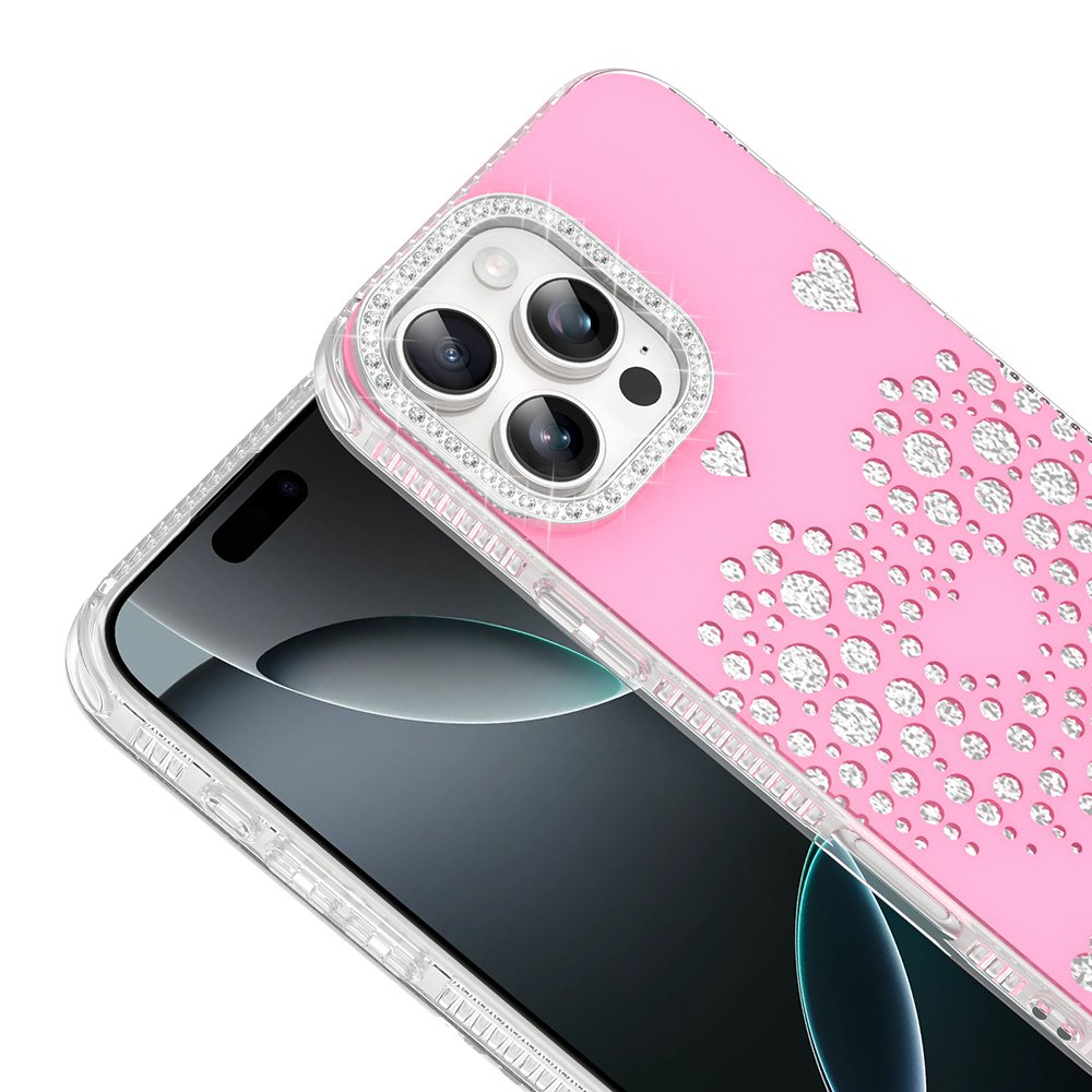 iPhone 16 Pro Max Kılıf Damla Taşlı Kalp Desenli Rivas Sert PC Kapak