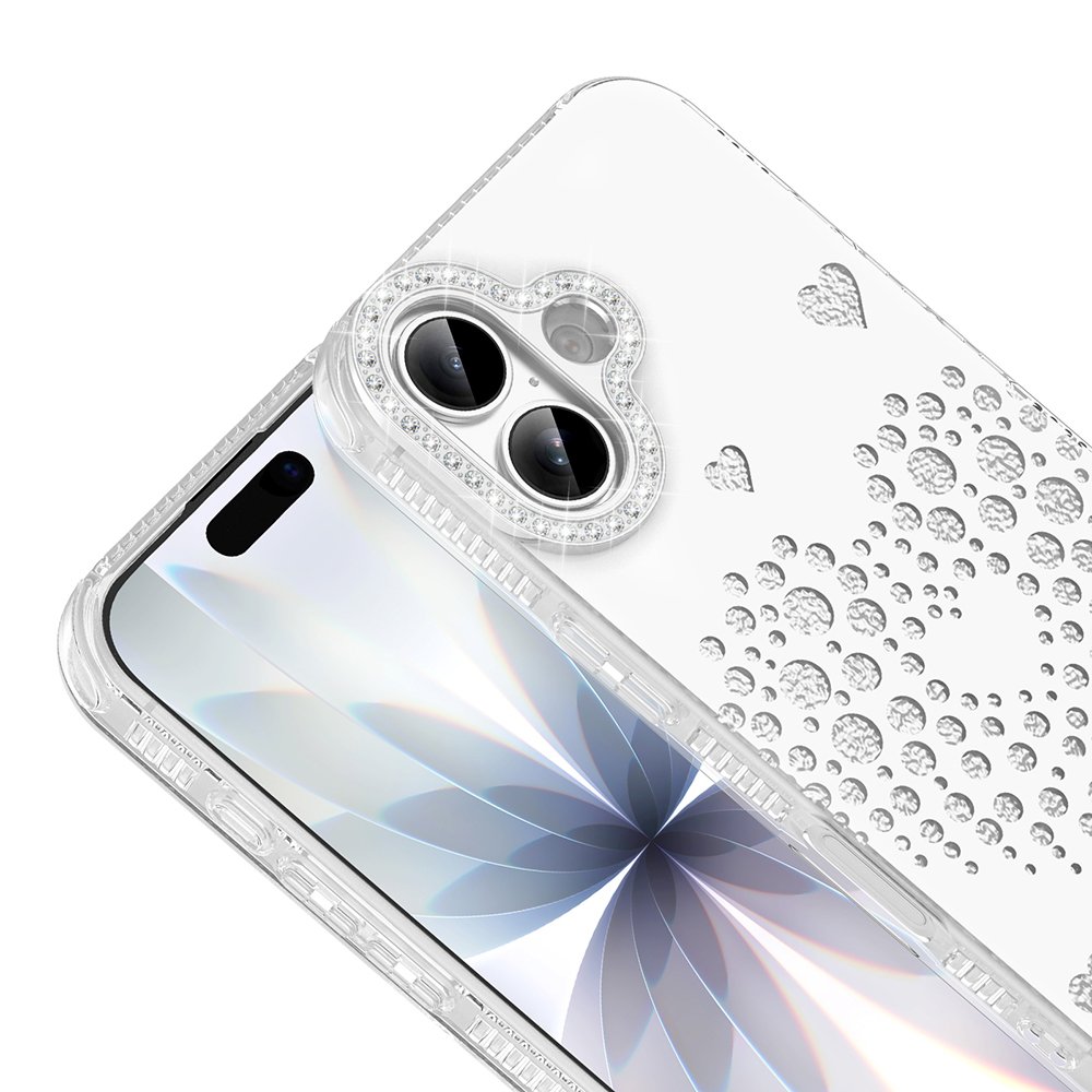 iPhone 17 Kılıf Damla Taşlı Kalp Desenli Rivas Sert PC Kapak