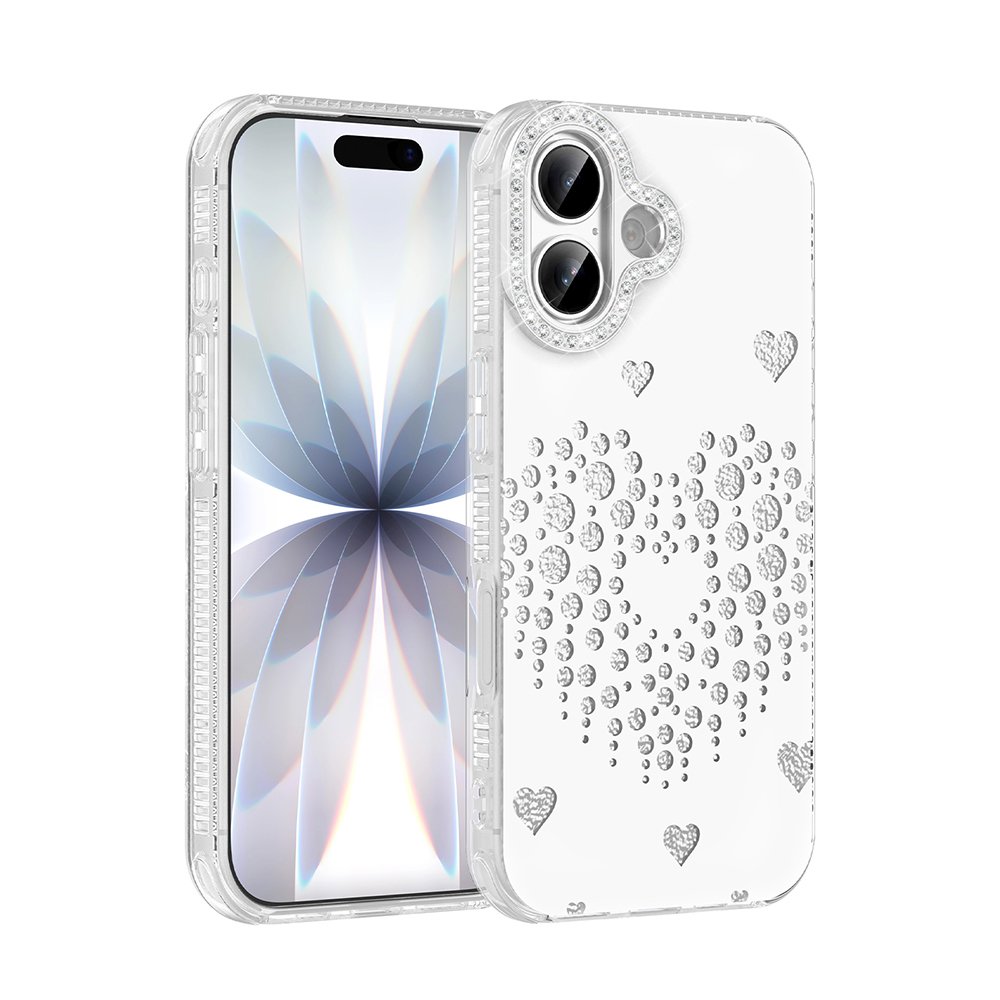 iPhone 17 Kılıf Damla Taşlı Kalp Desenli Rivas Sert PC Kapak