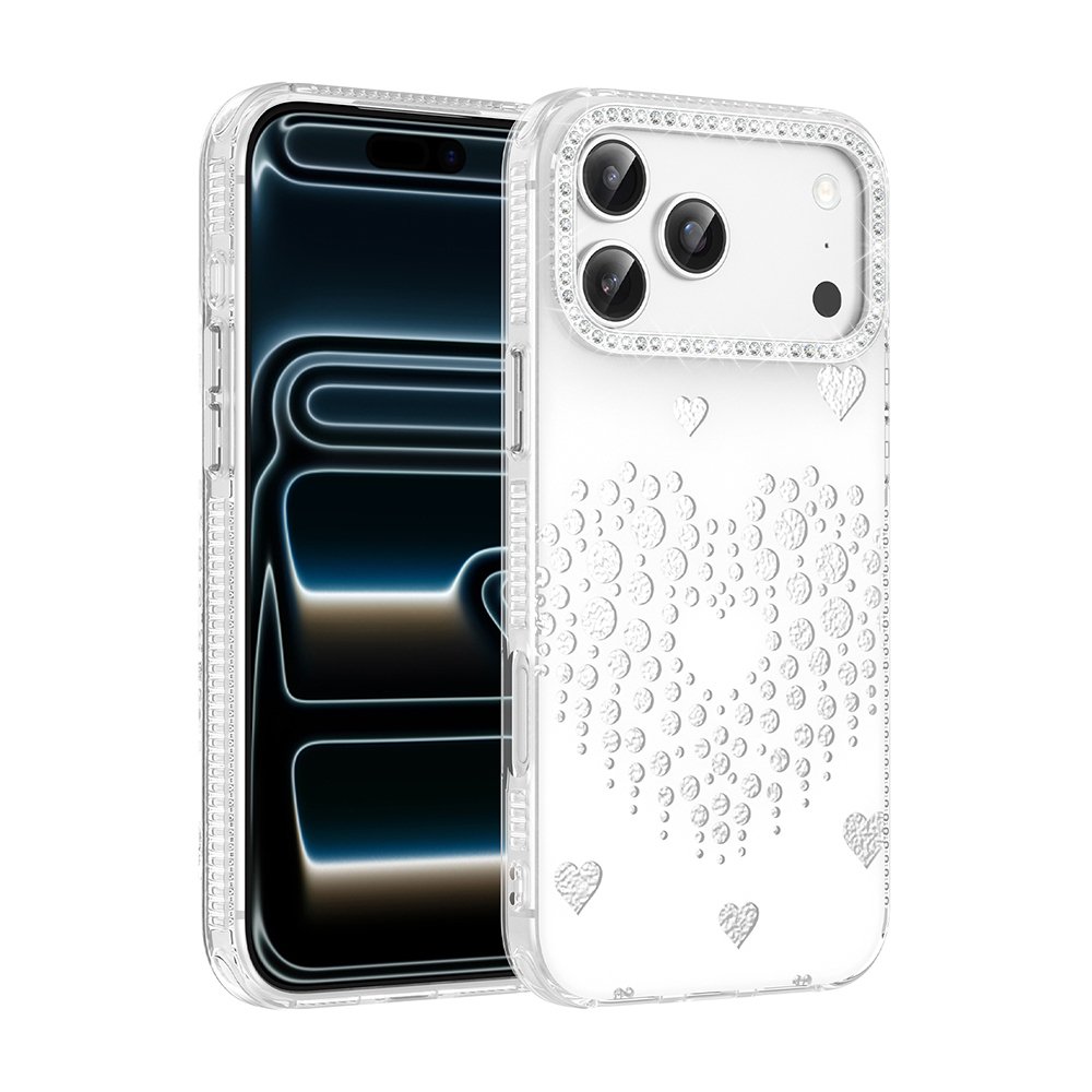 iPhone 17 Pro Max Kılıf Damla Taşlı Kalp Desenli Rivas Sert PC Kapak