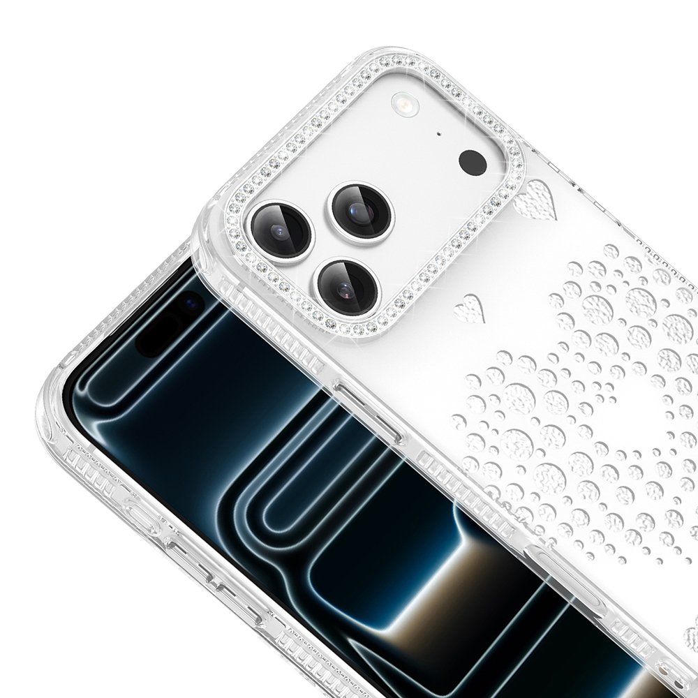 iPhone 17 Pro Max Kılıf Damla Taşlı Kalp Desenli Rivas Sert PC Kapak