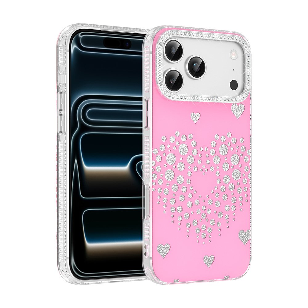 iPhone 18 Pro Max Kılıf Damla Taşlı Kalp Desenli Rivas Sert PC Kapak