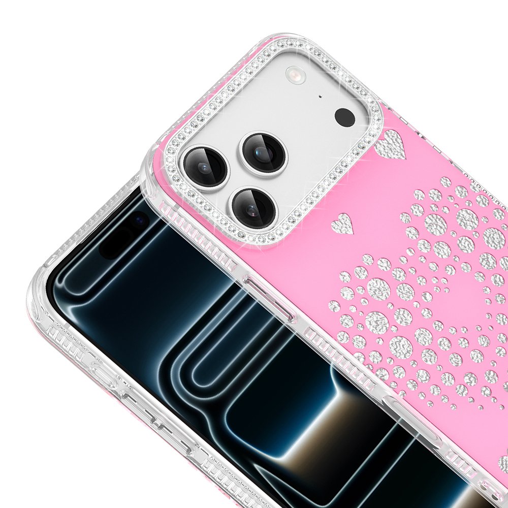 iPhone 18 Pro Max Kılıf Damla Taşlı Kalp Desenli Rivas Sert PC Kapak