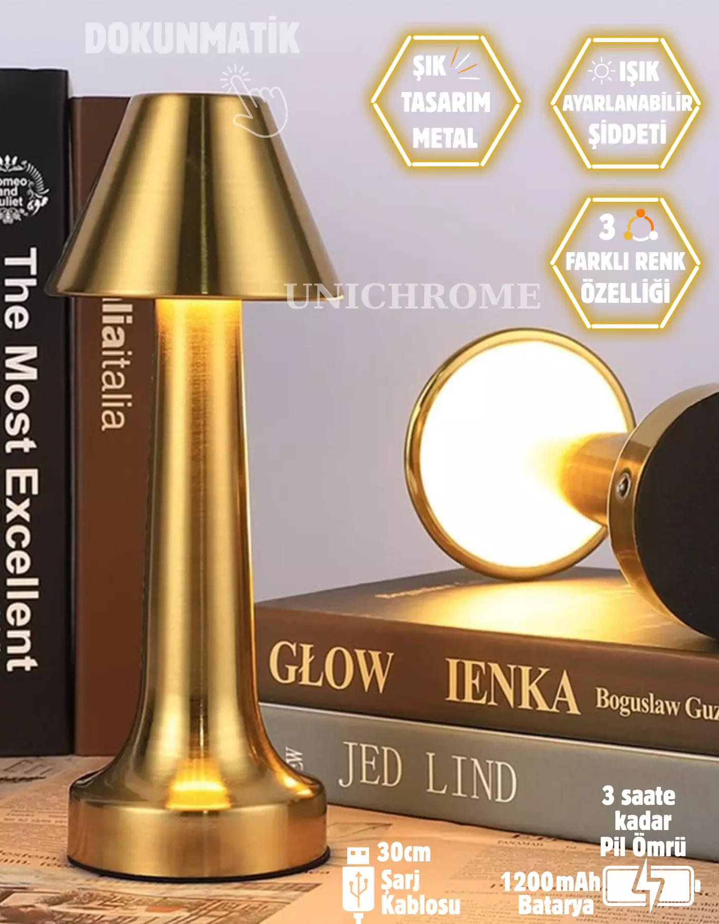 Işık Ayarlı Dokunmatik Mantar Masa Lambası Metal 3 Işık Renkli Şarjlı Masa Lambası Gold
